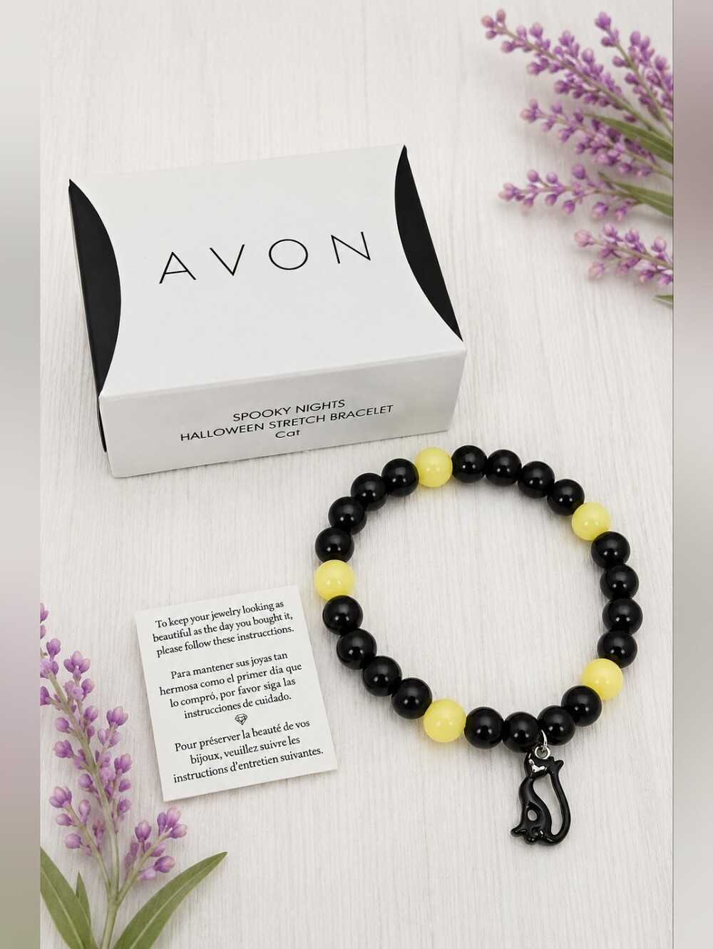 Avon Black & Pale Yellow Beaded Bracelet with Cat Charm